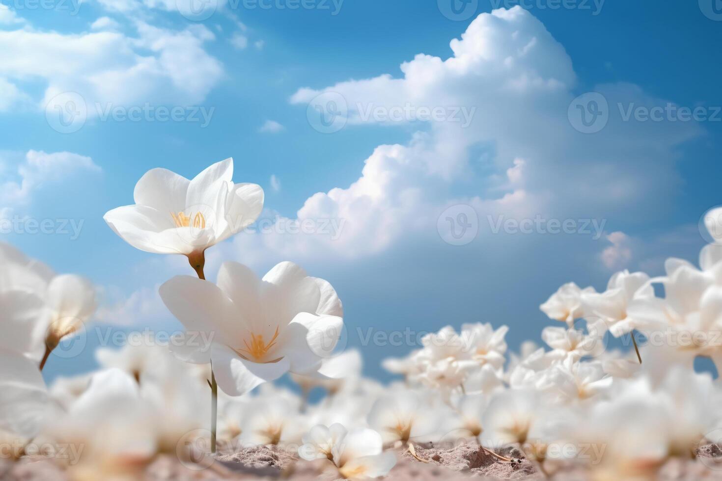 The white petals fall off with blurred clear blue sky and cloud. photo