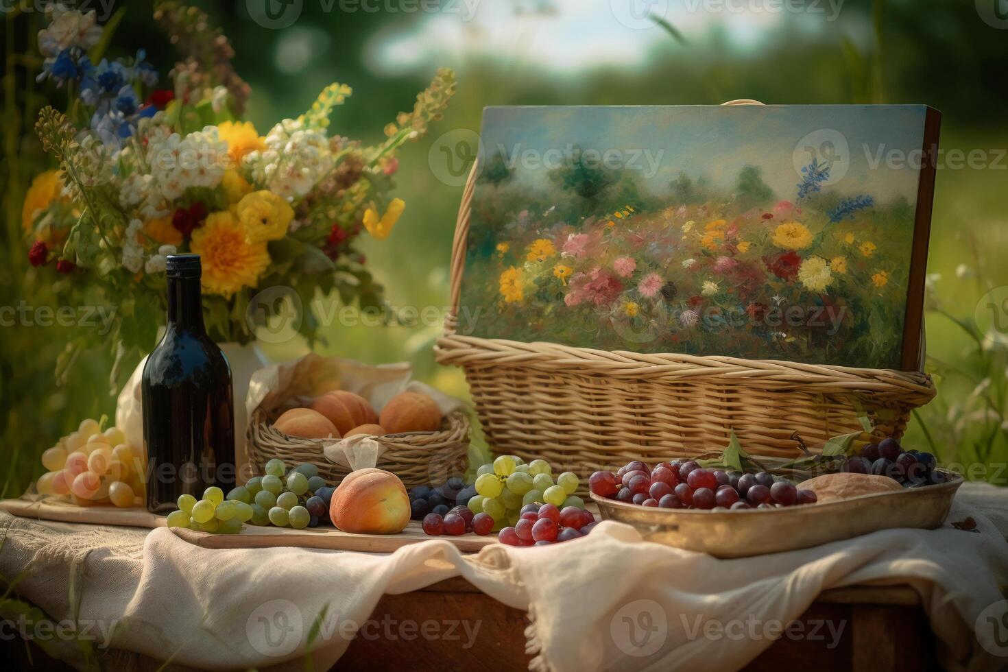 featuring a basket of fresh fruit and bread, a bottle of wine, and a bouquet of wildflowers. photo