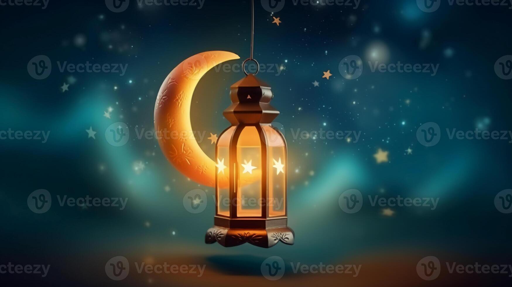 Ramadan kareem lantern moon realistic composition with colourful sky blurry stars and crescent moon. photo