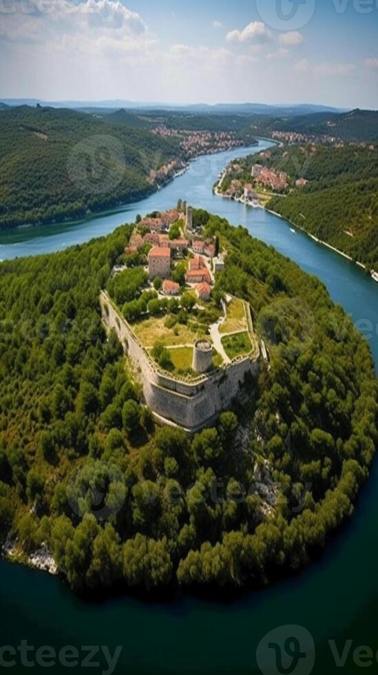 un aéreo ver de de skradin histórico centro, con sus devanado calles y vistoso edificios anidado entre el lozano verdor. ai generativo foto