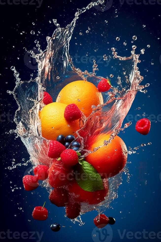 fresh fruits, splash, vibrant colors. photo