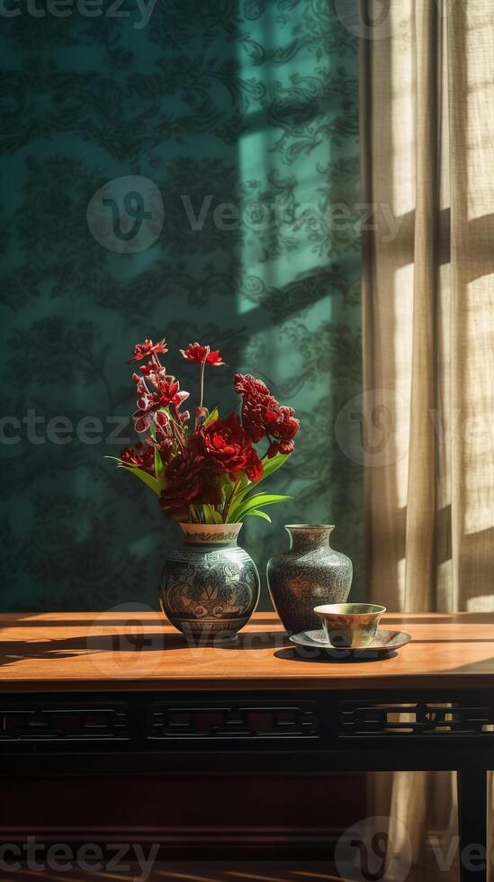 A brown table, wooden, classical style bouquet on the right side of the table. photo
