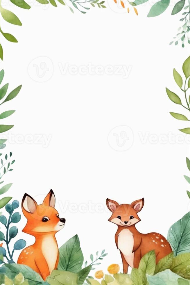 White background with simple leaves in corner with cute forest animals watercolor style. photo