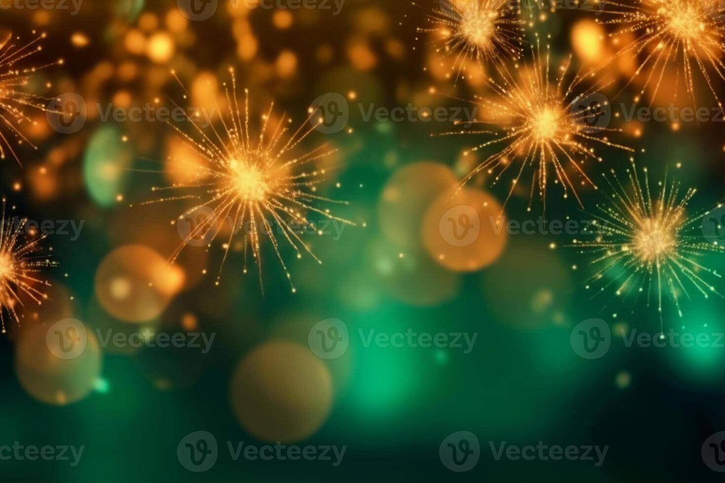 Gold and green Fireworks and bokeh in New Year eve and copy space. Abstract background holiday. photo
