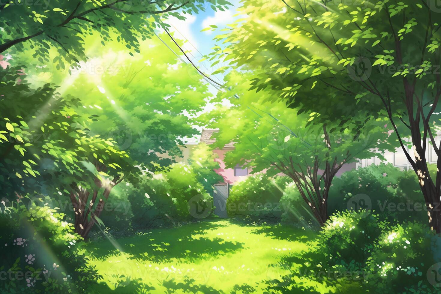 Beautiful wide format image of a manicured country lawn surrounded by trees and shrubs on a bright summer day. photo