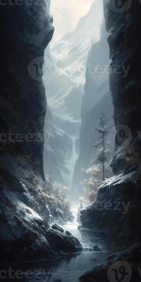 A painting of a valley covered in snow, in the style of dark fantasy, realistic lighting, luminosity of water, flowing silhouettes, fairy tale. photo