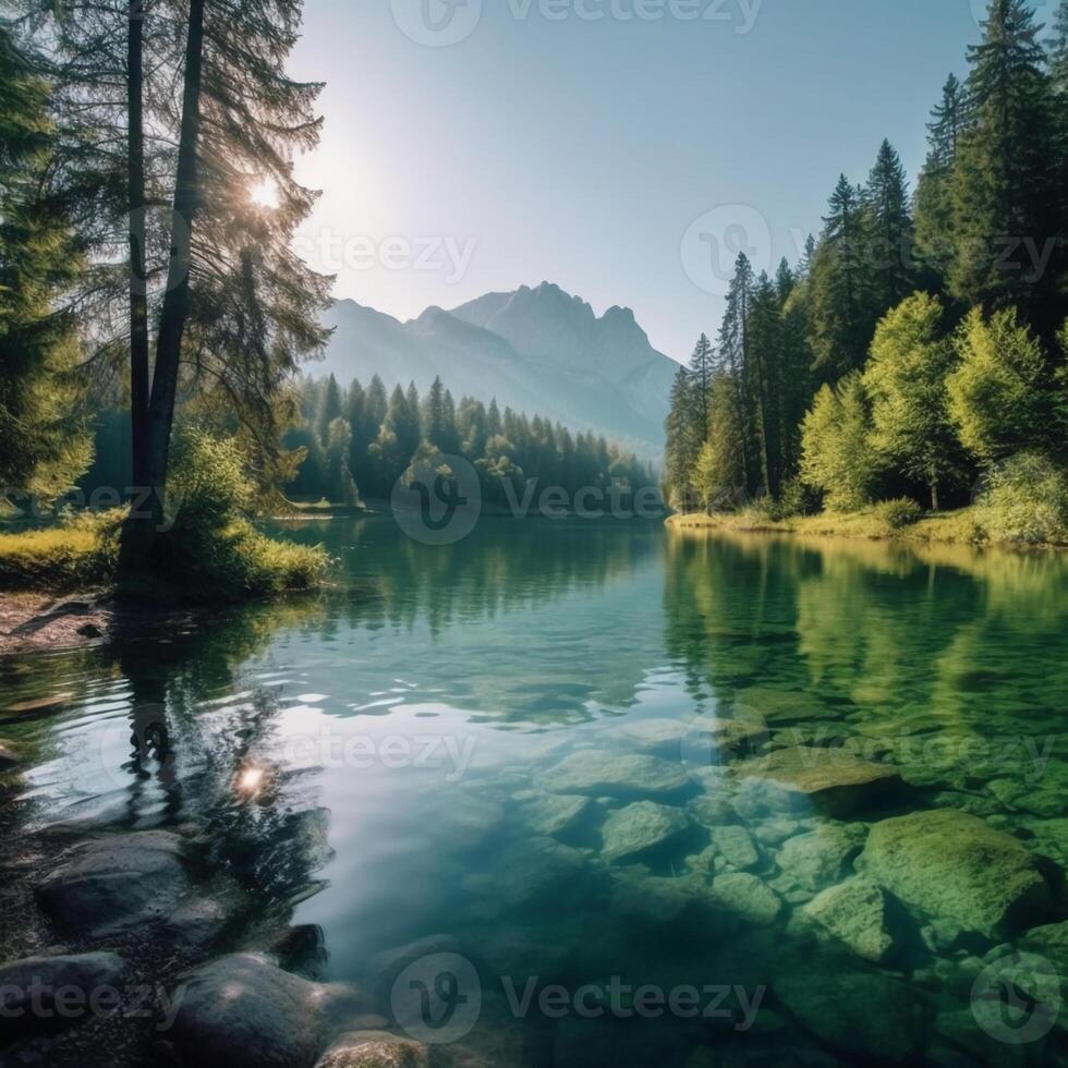 Lake with mountains and trees. photo