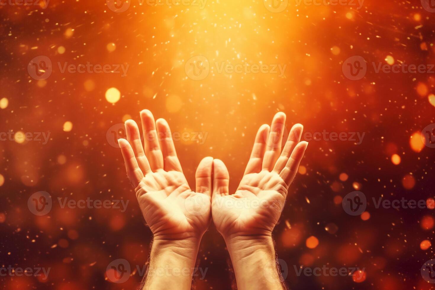 Human hands open palm up worship with faith in religion and belief in God on blessing background. photo