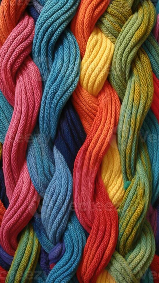 A pattern of multicoloured ropes and twines twisted. photo