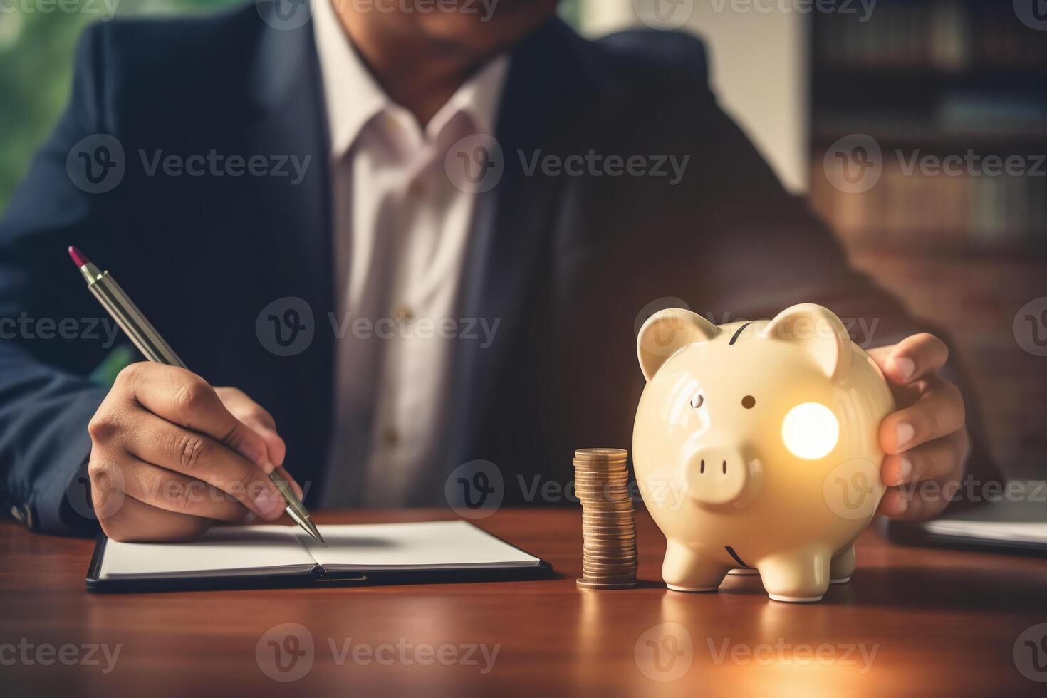 idea for save or investment. businessman holding lightbulb beside piggy bank and coins stacking on desk with note book. photo