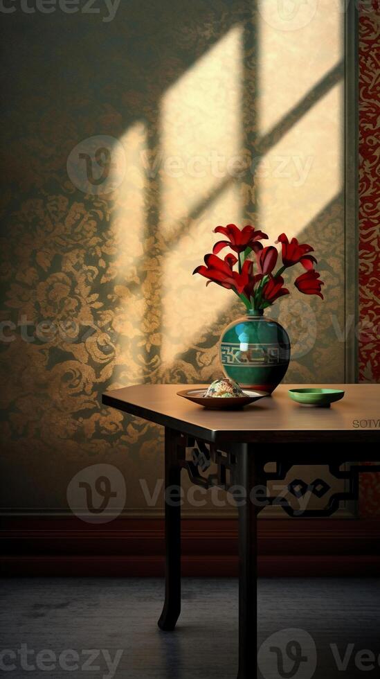 A brown table, wooden, classical style bouquet on the right side of the table. photo