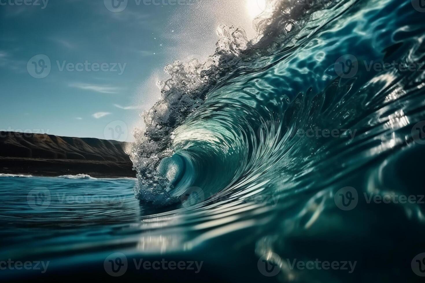 tropical azul surf ola. Brillo Solar en el ola barril. No gente. hermosa profundo azul tubo ola en el océano. ai generativo foto