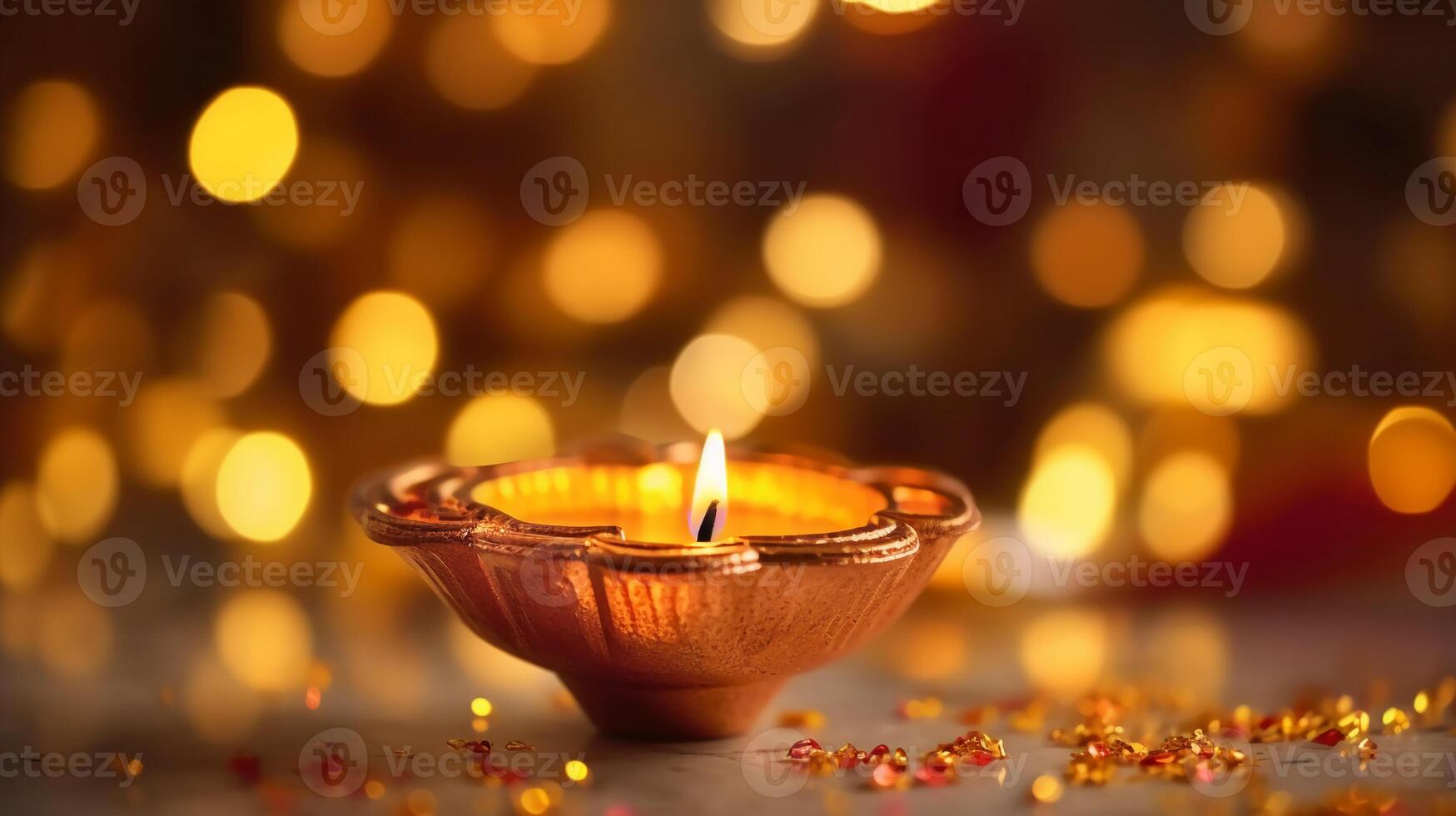 A Diya oil lamp, Diwali concept, blurred Hindu festival of lights celebration background. photo