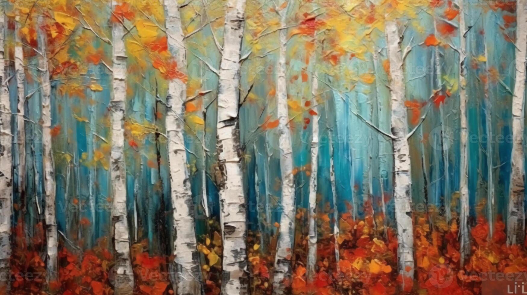 inspired diffusion art of an all of white birch trees and autumn foliage. photo
