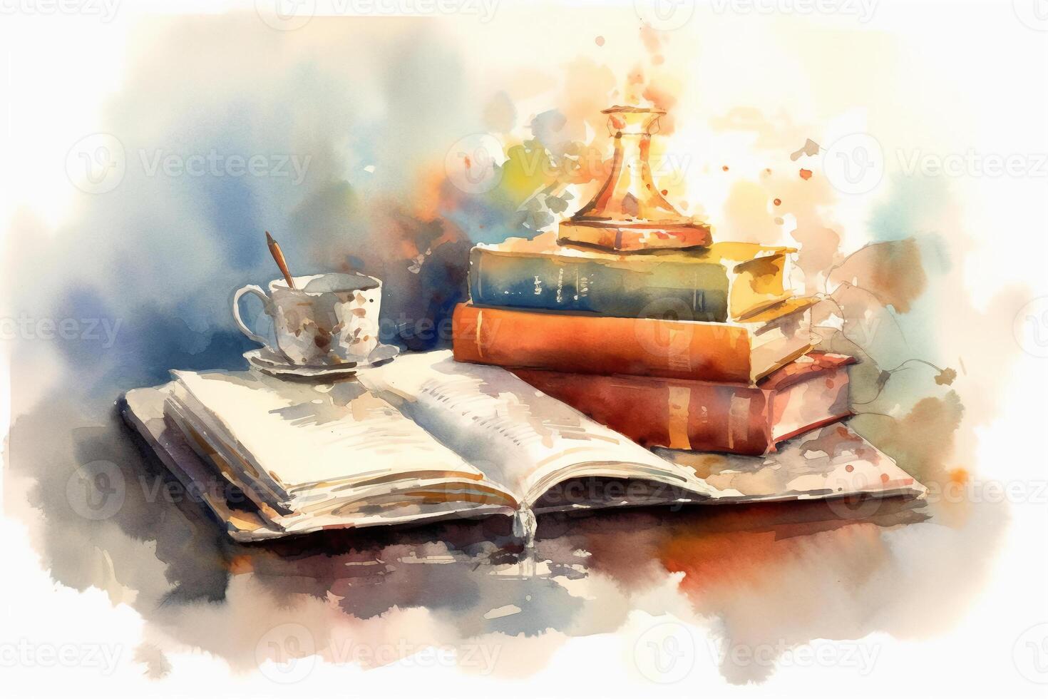 Open book on table in watercolor painting style. photo