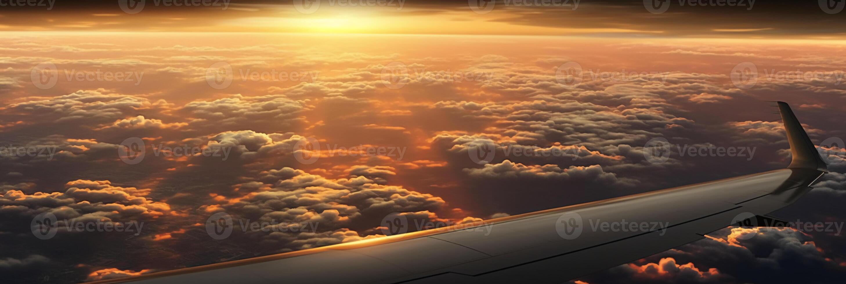 The view from the plane window to the sunset. Aerial view. photo
