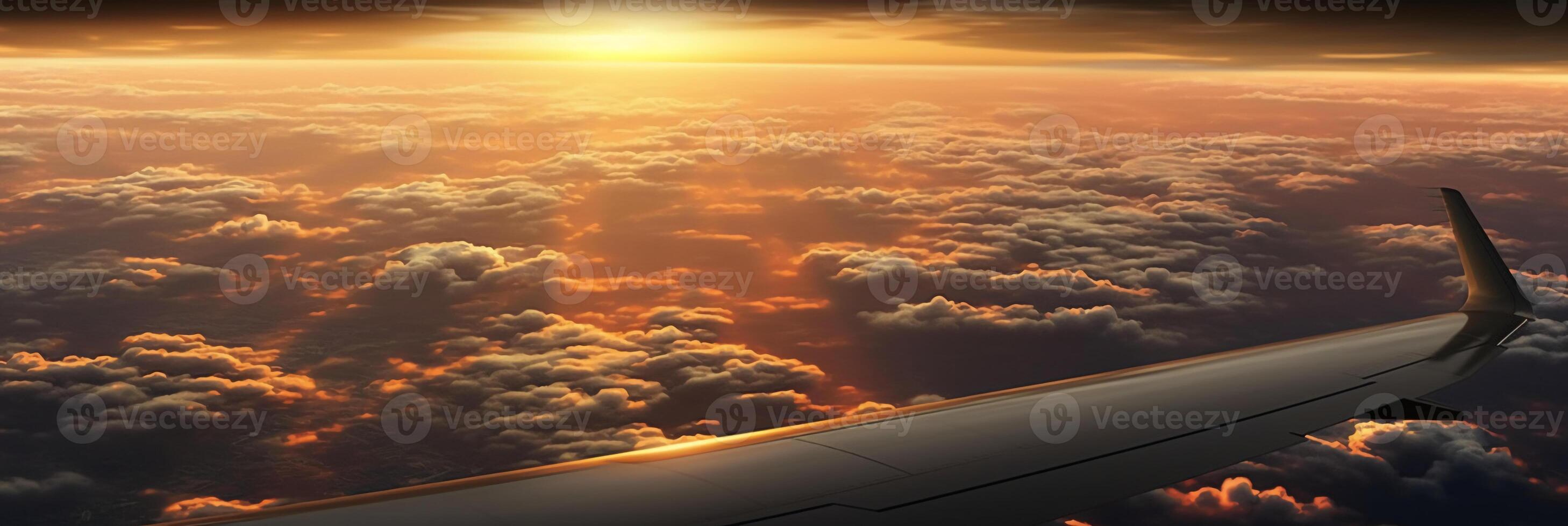 The view from the plane window to the sunset. Aerial view. photo