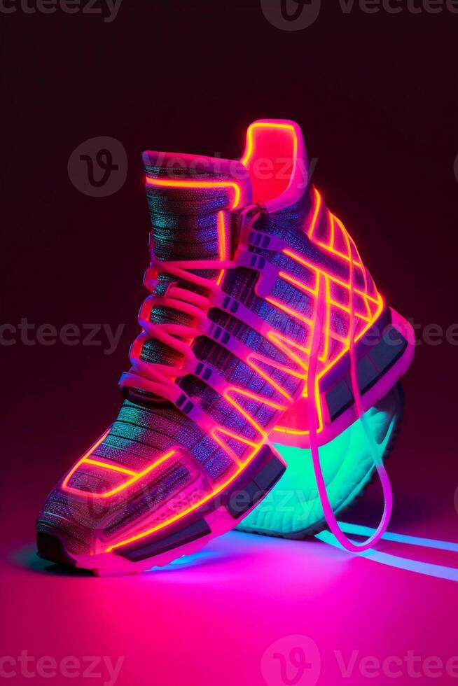 Futuristic neon sneakers with cyberpunk influence. photo