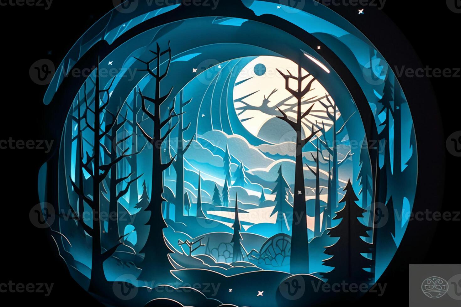 Fairy tale, Christmas scene, winter window, wonderland, paper cut craft, paper illustration. photo