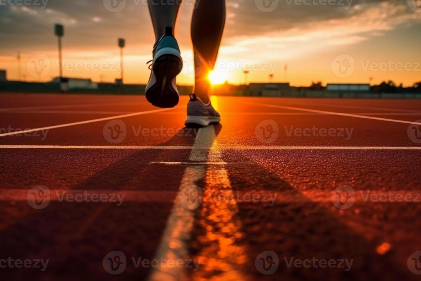 Runners feet in a athletic running track. Young man athlete training at sunset. photo