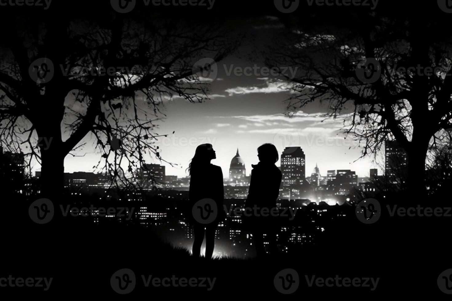 Silhouettes of two stargazing woman saying goodby, surrounded by trees and the contour of london city in the background. photo