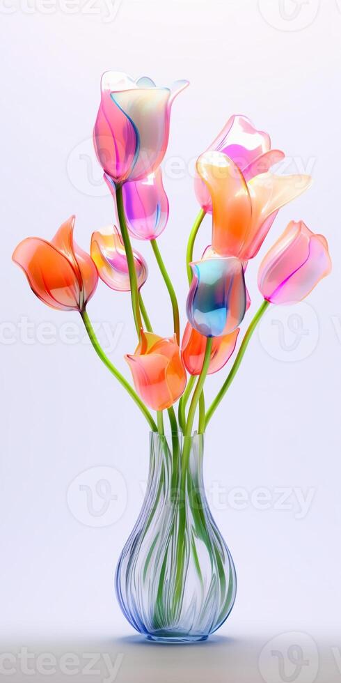 Glass texture, flower stems, petals, tulip flowers, white background, clean and transparent. photo