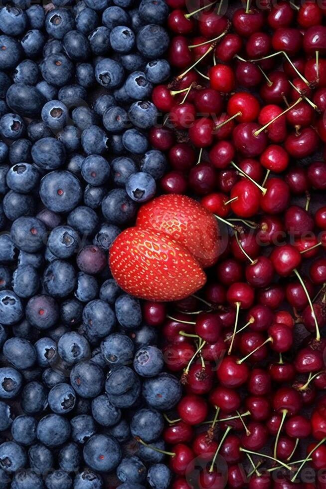 Massive pile of blueberries and massive pile of cherries. photo