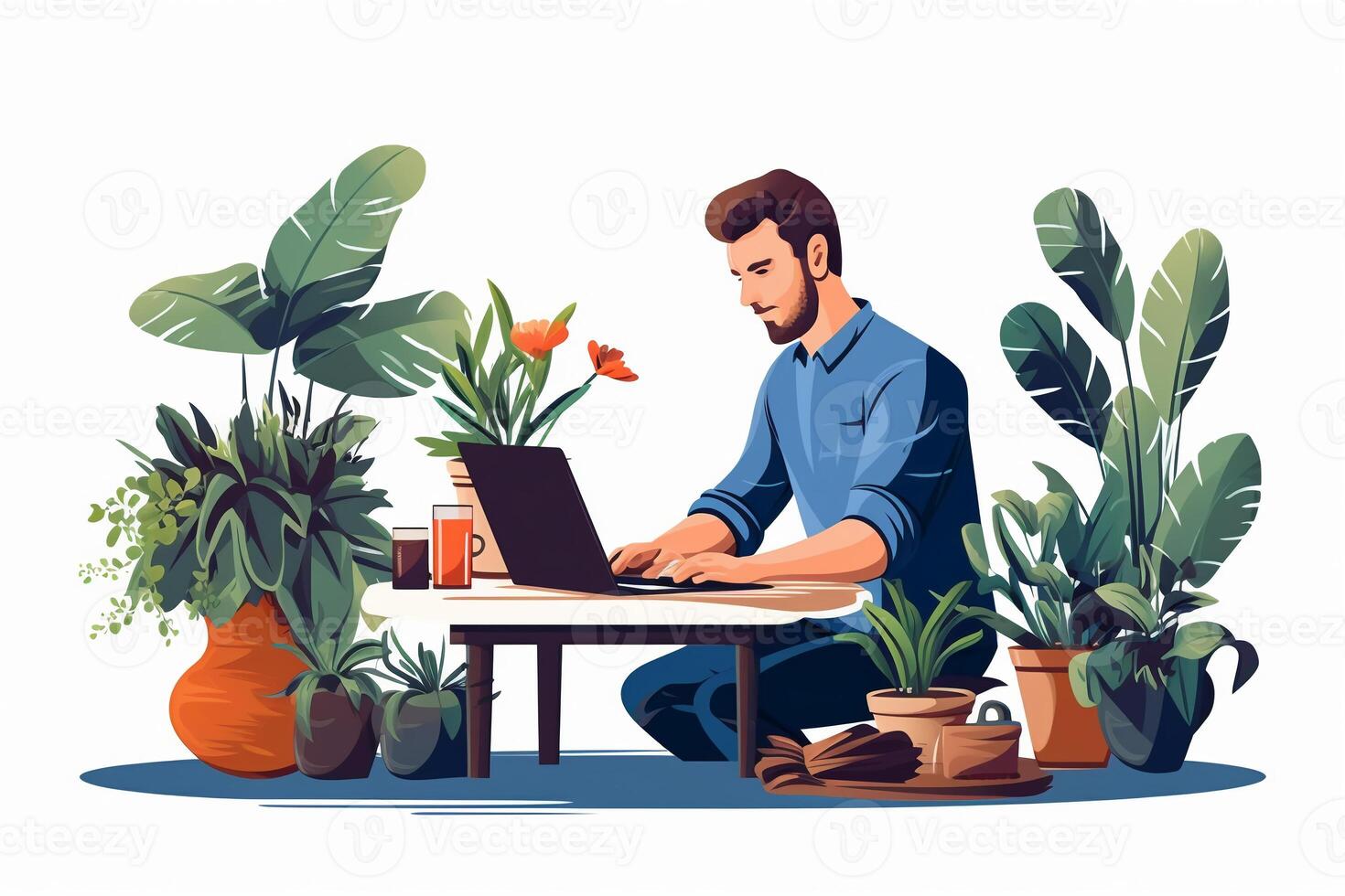 Flat illustration stroke A man works on a computer. photo