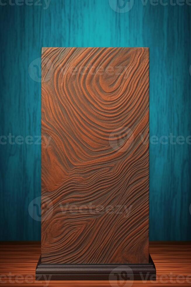 Brown wood grain podium with blue pattern background, front view. photo
