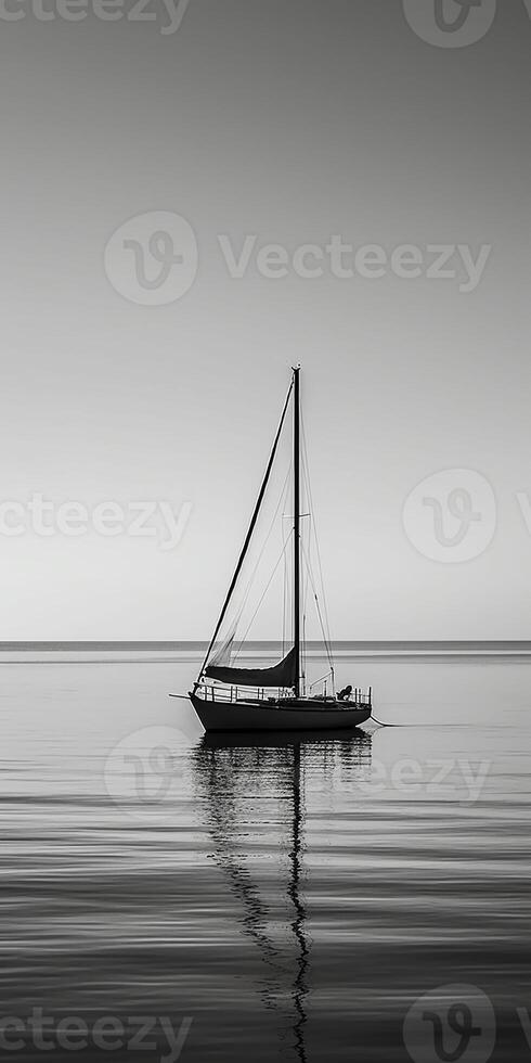 white image of a lone sailboat on a calm sea, photo