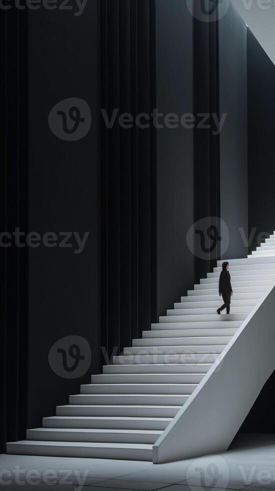 A woman is walking down a white staircase. photo