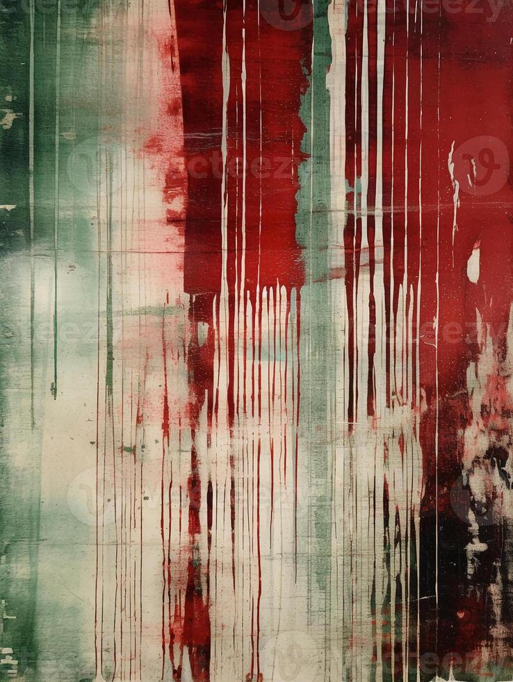 A painting made of white, red, and green paint streaks. photo