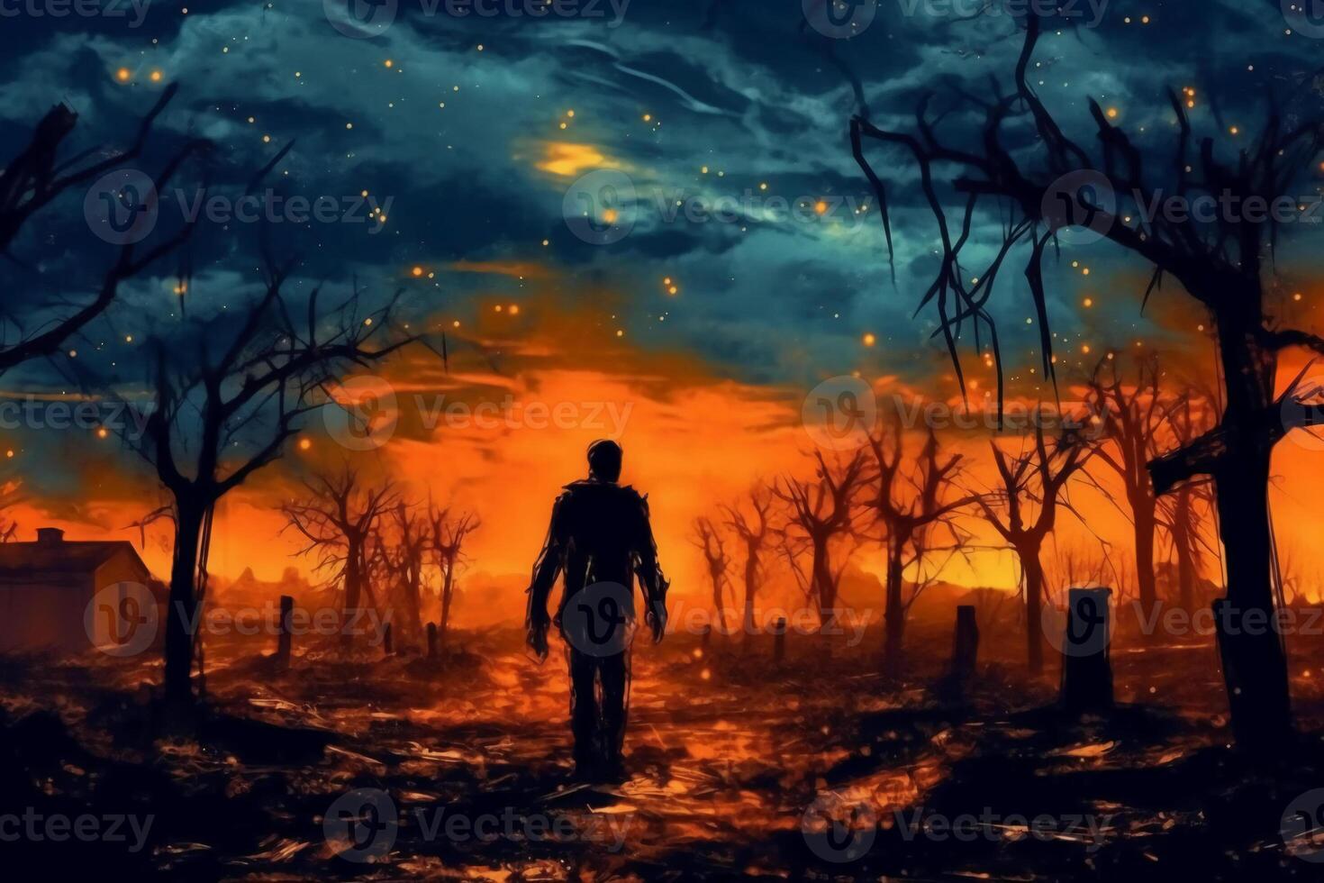 Zombie walking in the burnt cemetery with burning sky. photo