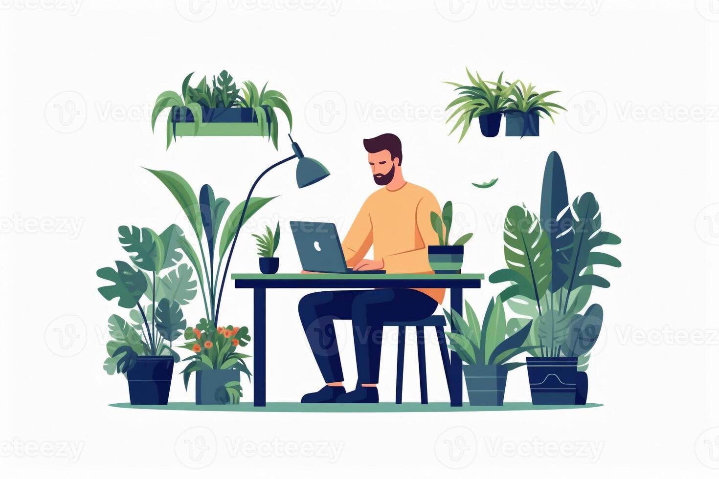 Flat illustration stroke A man works on a computer. photo