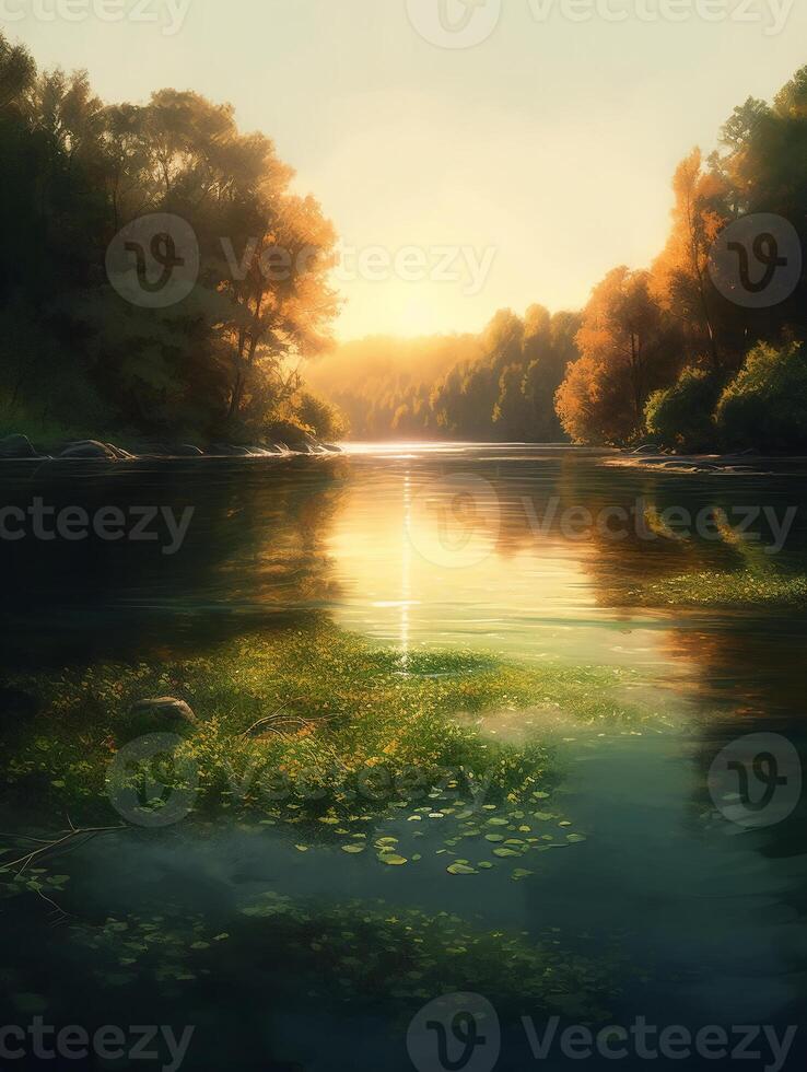 A peaceful lake surrounded by lush greenery and trees, with a realistic yet slightly artistic style. photo