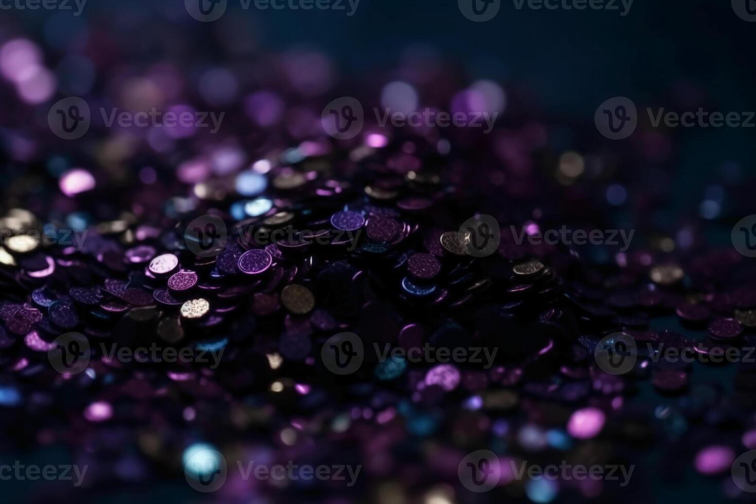 Sparkling Glitter abstract background dark purple saturated color, de - focused, macro. Sequins fall and sparkle, round bokeh. photo