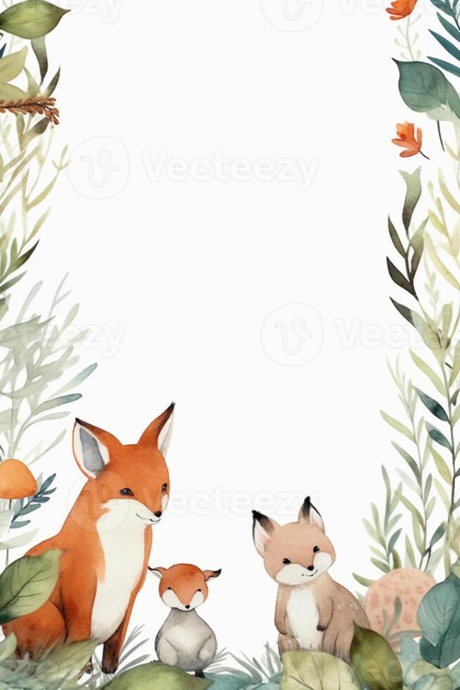 White background with simple leaves in corner with cute forest animals watercolor style. photo