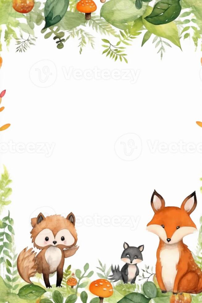 White background with simple leaves in corner with cute forest animals watercolor style. photo