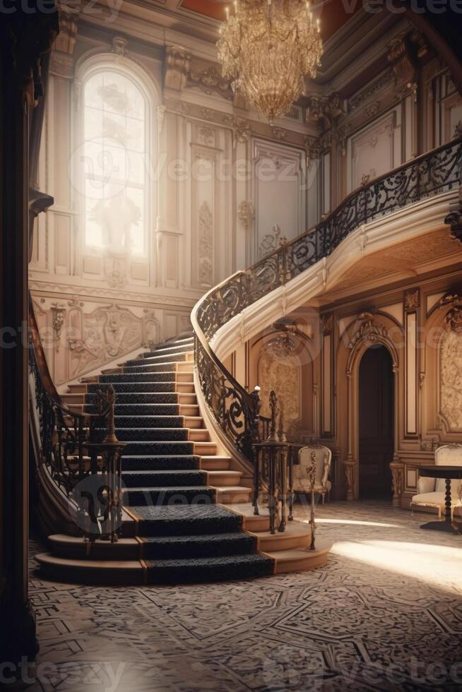 Castle staircase backdrop, luxury, interior design. photo