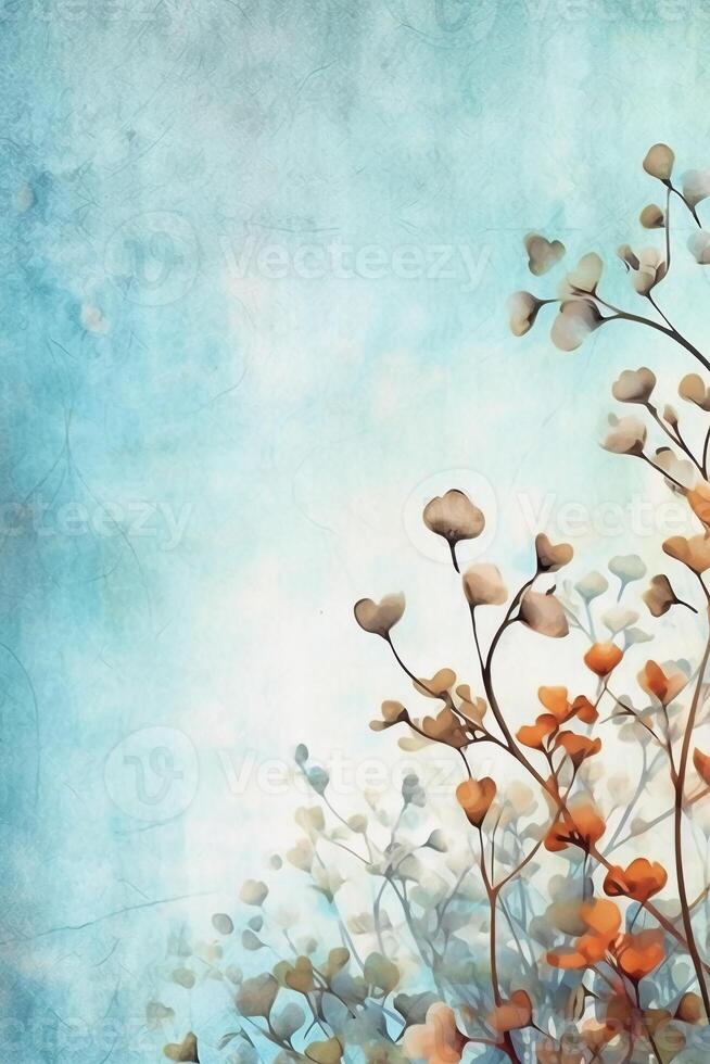 light blue background paper texture tiny petal flower painting in watercolor style. AI generative photo