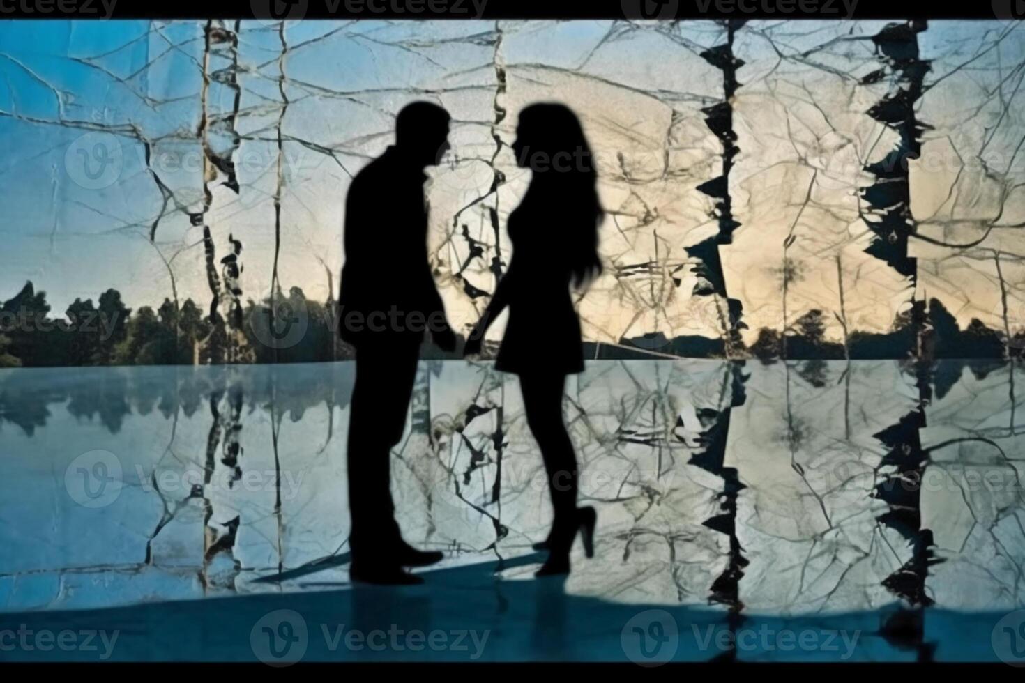 The silhouette of a broken lover walking in different directions. photo