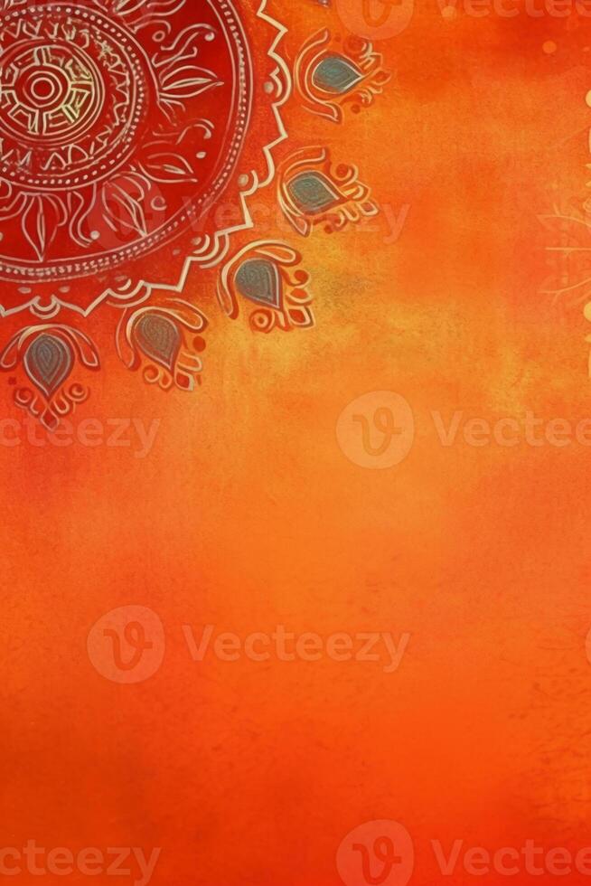 orange Pantone color background paper texture Rangoli pattern painting. photo