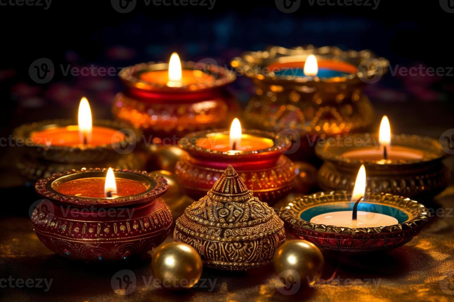 A Diya oil lamp, Diwali concept, blurred Hindu festival of lights celebration background. photo