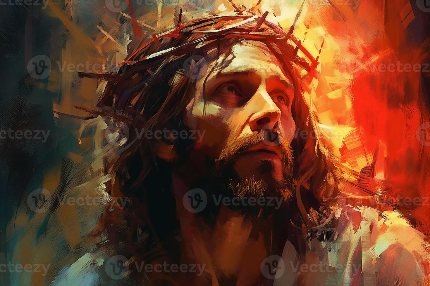 Jesus with a crown of thorns surrounded by glowing light Palette knife drawing. photo