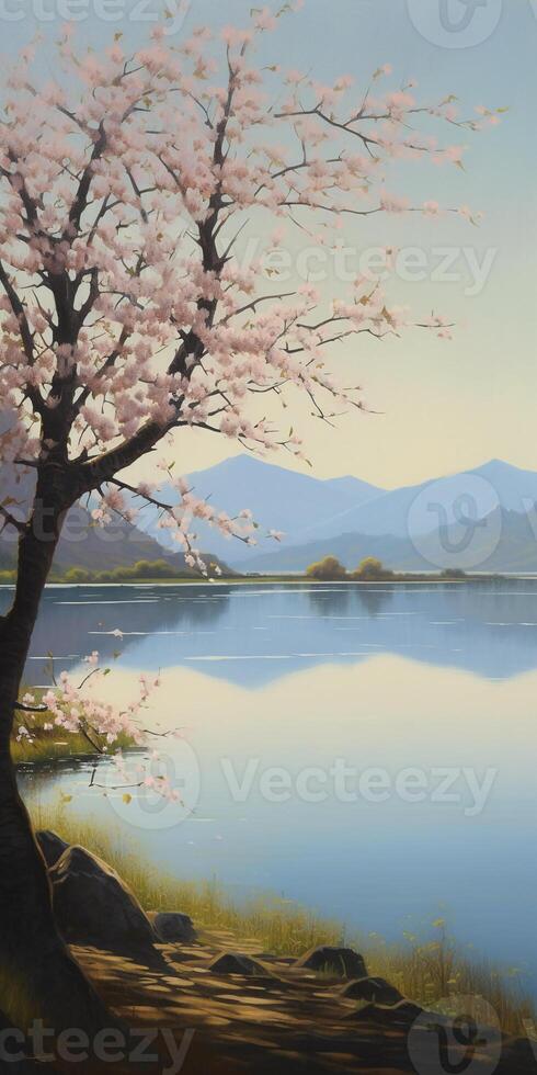 beautiful oil painting depicts a serene morning scene. photo