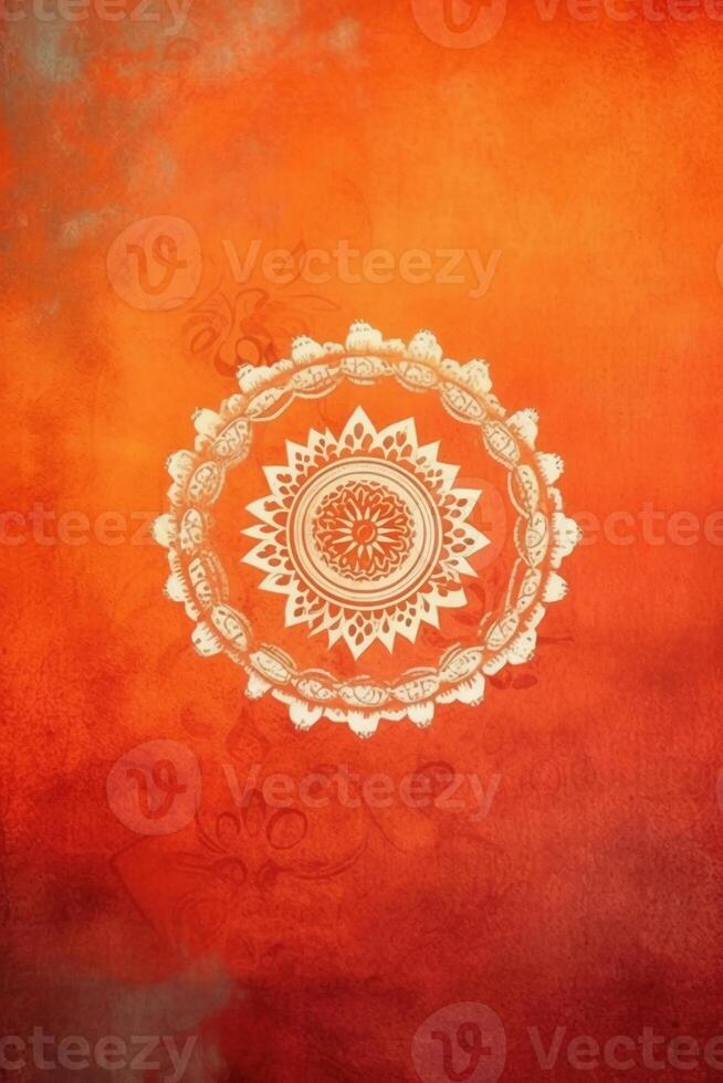 orange Pantone color background paper texture Rangoli pattern painting. photo