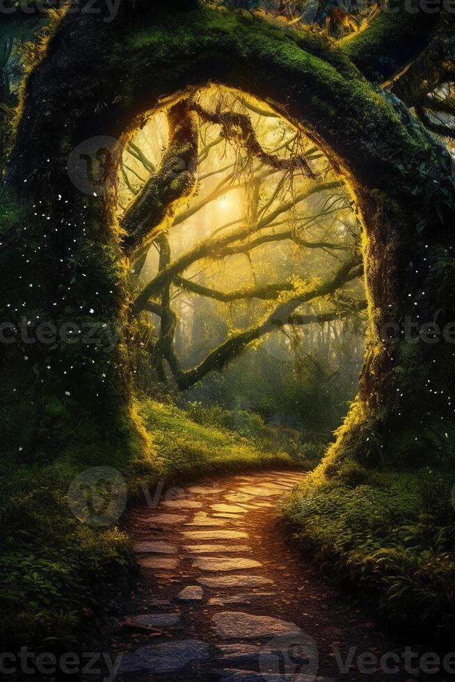a mystical forest path with towering trees forming a natural archway. photo