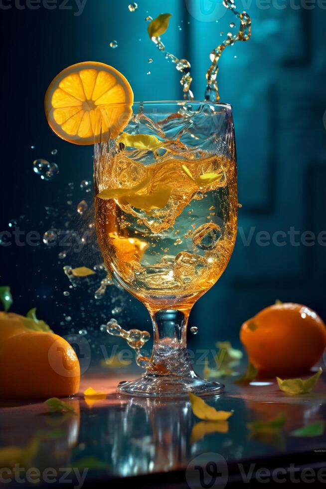 A spritz glass set on a swimming pool with light rays. photo