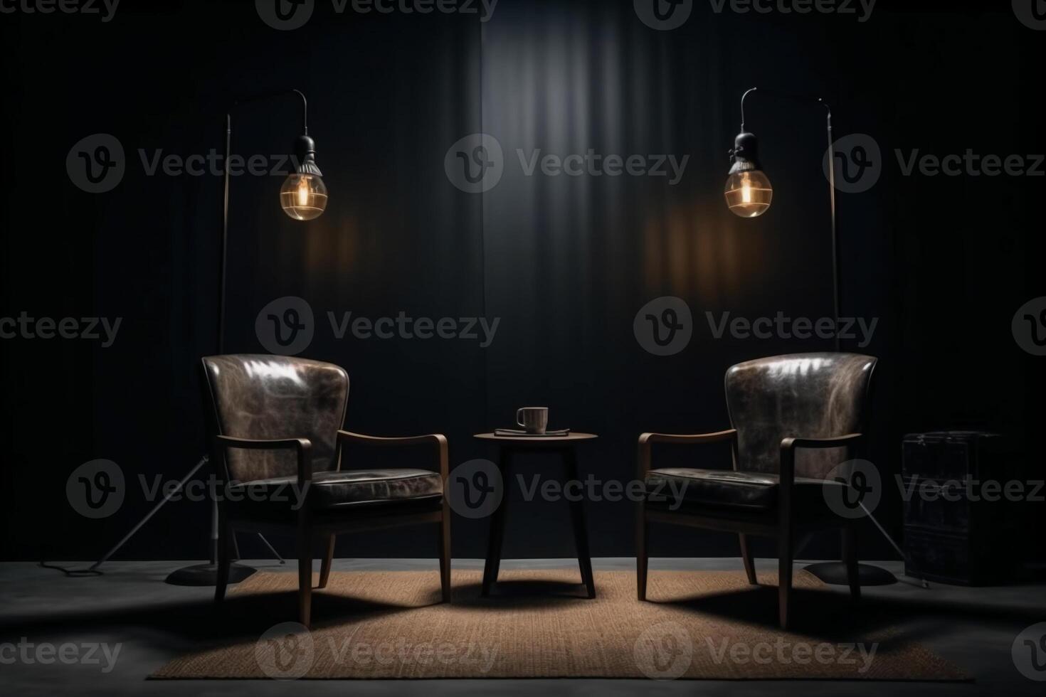 Two chairs and spotlights in podcast or interview room on dark background. photo