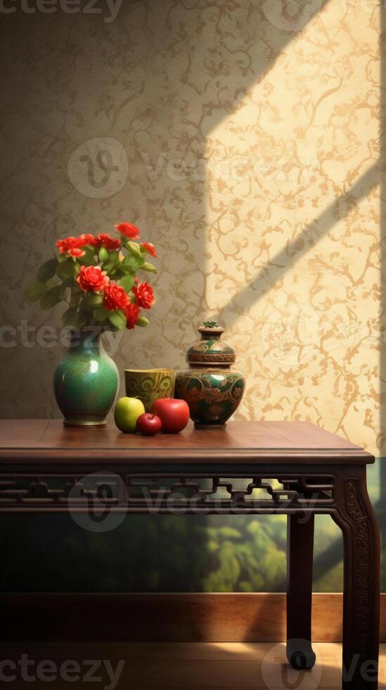 A brown table, wooden, classical style bouquet on the right side of the table. photo